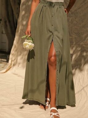 Pistola My Squad Olive Green Snap Front Maxi Skirt XS Boho Utility